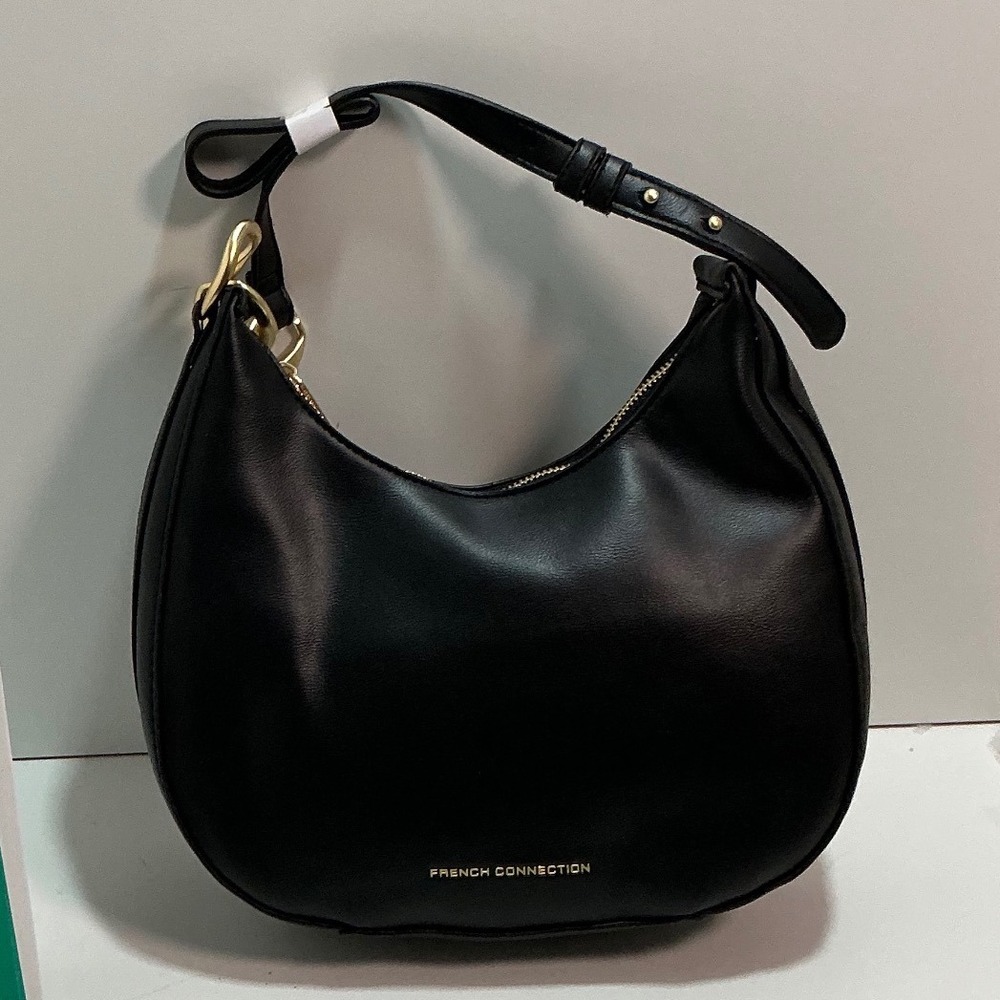 French Connection Black Vegan Leather Crescent Hobo Bag Gold Hardware NEW